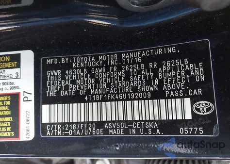 2016 Toyota Camry Se from USA, damaged, VIN 4T1BF1FK4GU192009